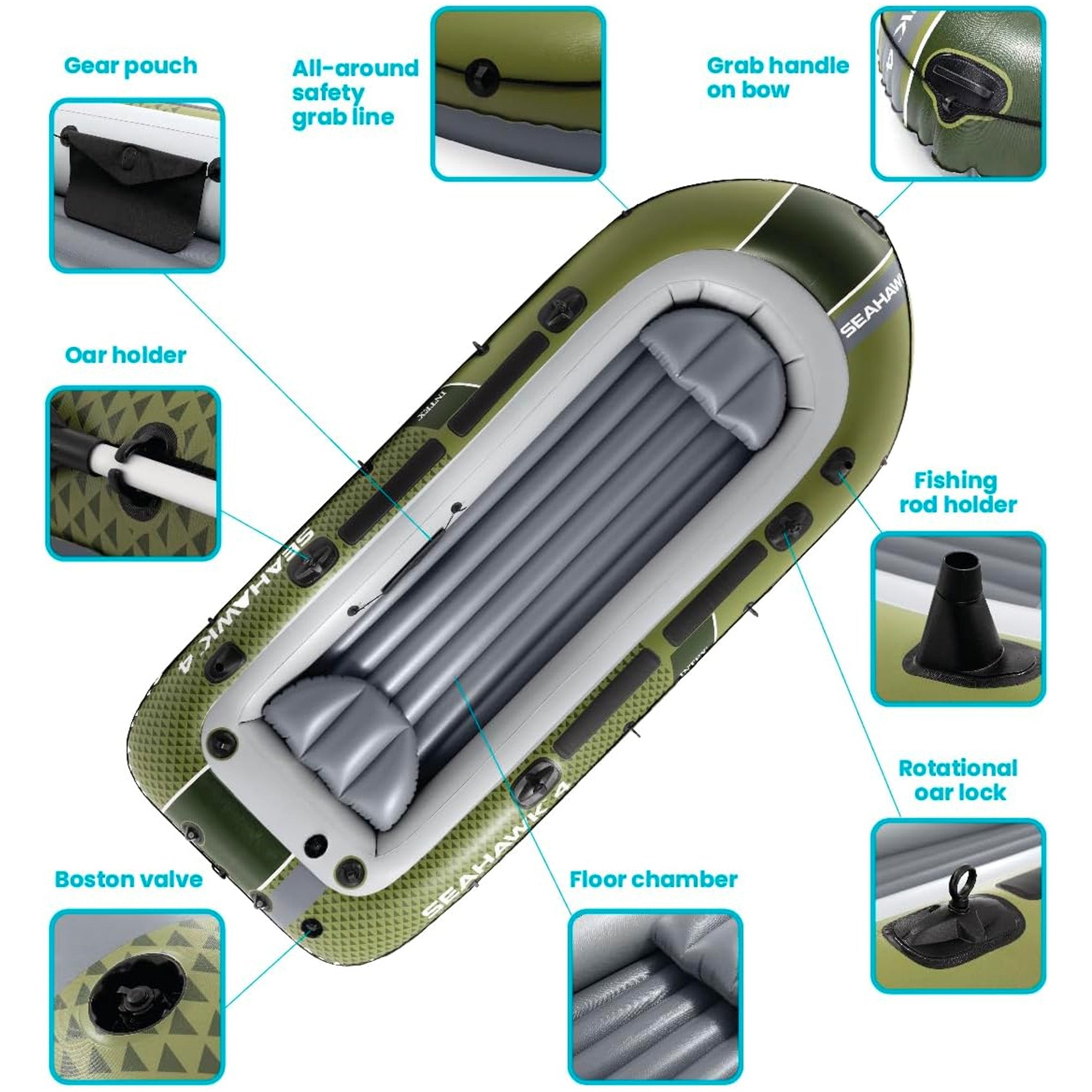 INTEX 66334EP Seahawk 4 Inflatable Boat Set with 54" Oars, Pump, & Rod Holders - VMInnovations
