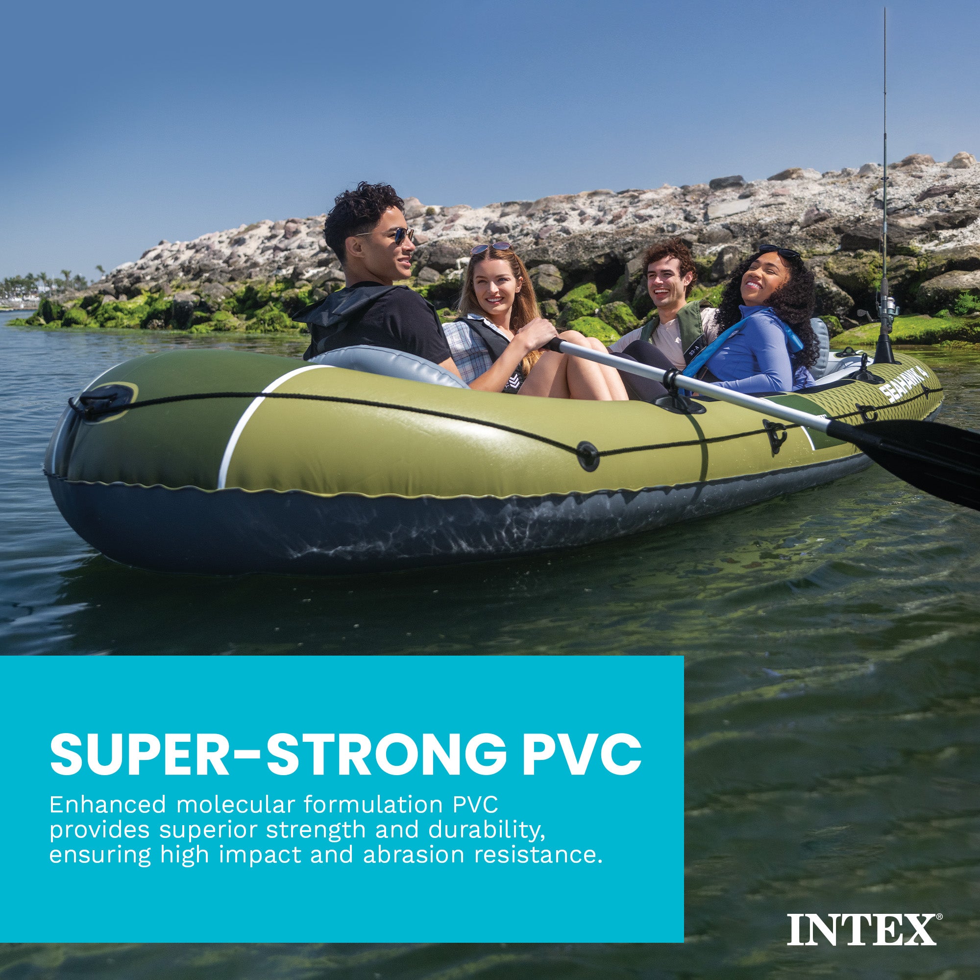 INTEX 66334EP Seahawk 4 Inflatable Boat Set w Pump, & Rod Holders (Open Box)