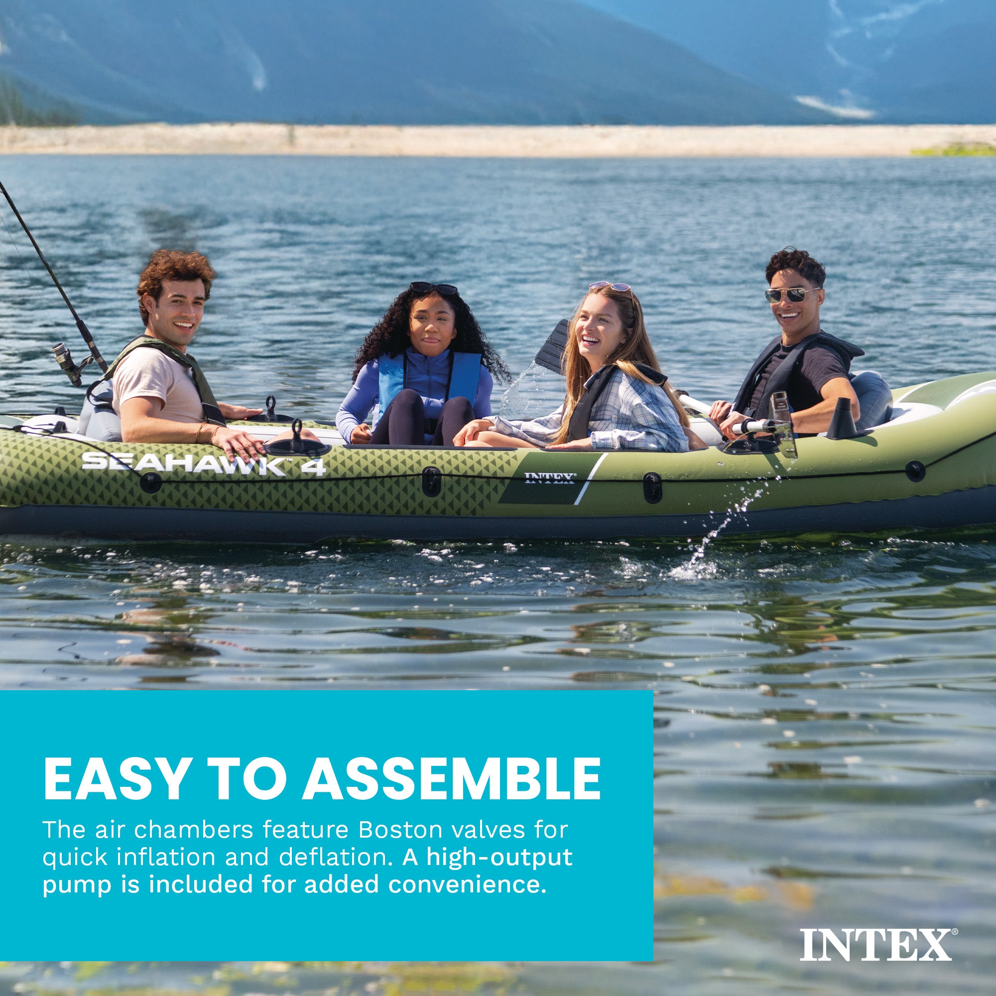 INTEX 66334EP Seahawk 4 Inflatable Boat Set w Pump, & Rod Holders (Open Box)