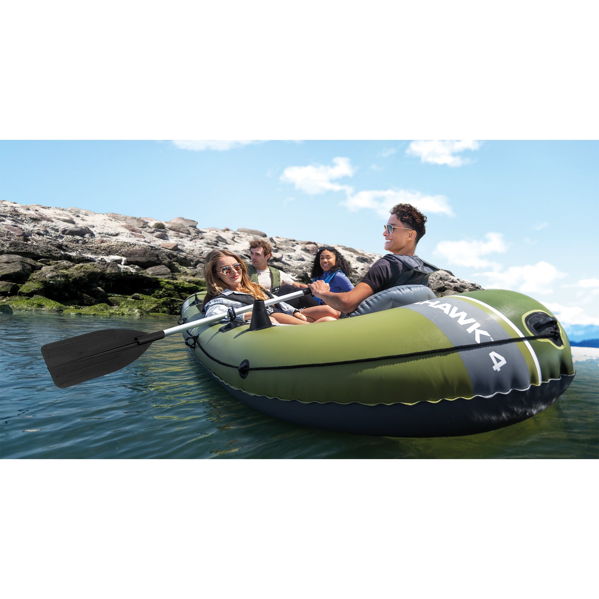 INTEX 66334EP Seahawk 4 Inflatable Boat Set w Pump, & Rod Holders (Open Box)
