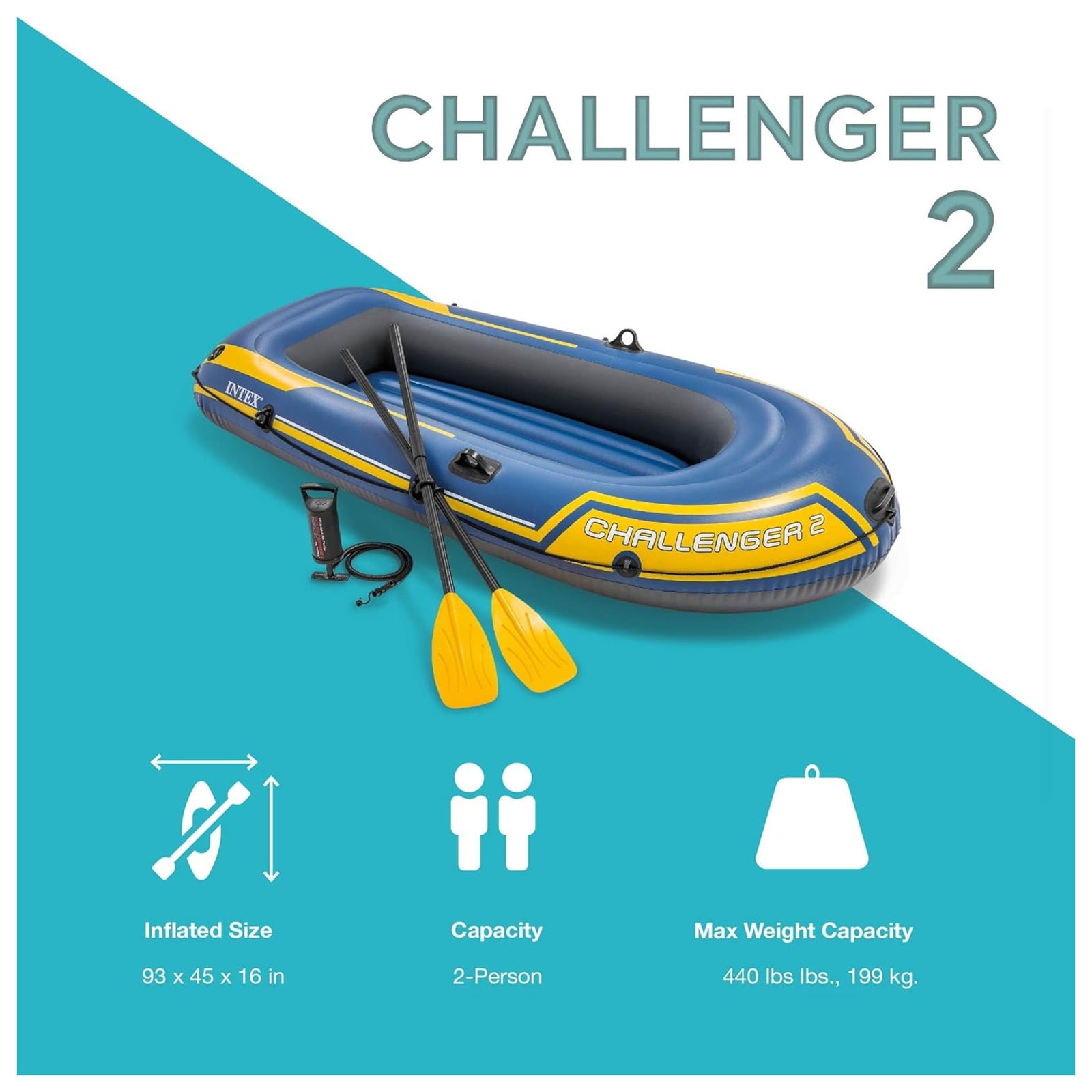 INTEX 66312EP Challenger 2 Inflatable Boat Set with 48" Oars, Pump, & Oar Locks - VMInnovations