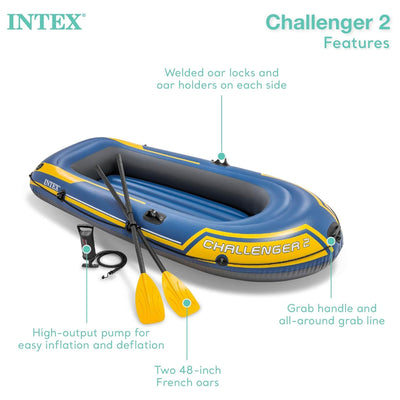 INTEX 66312EP Challenger 2 Inflatable Boat Set with 48" Oars, Pump, & Oar Locks - VMInnovations