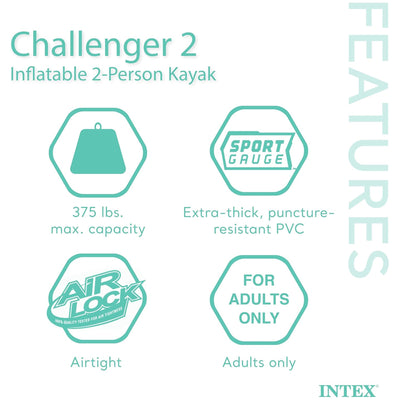 INTEX 66312EP Challenger 2 Inflatable Boat Set with 48" Oars, Pump, & Oar Locks - VMInnovations