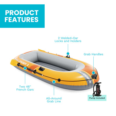 INTEX Challenger 2 Inflatable Boat Set with 48" Oars, Pump, Oar Locks (Open Box) - VMInnovations