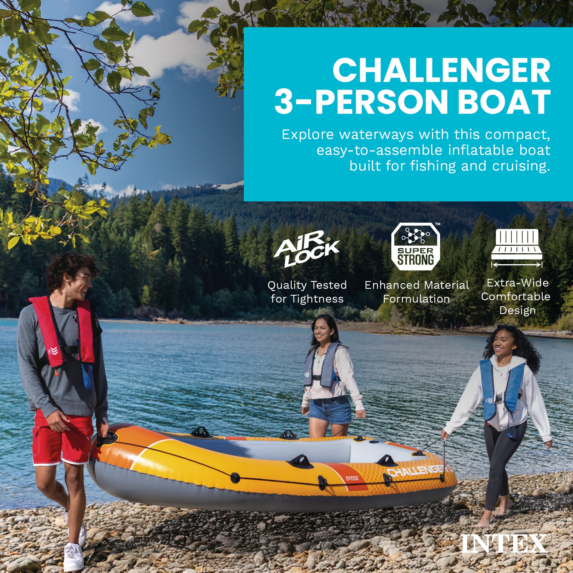 INTEX Challenger 3 Inflatable Boat Set w/ 54" Oars, Pump, & Oar Locks (Open Box) - VMInnovations