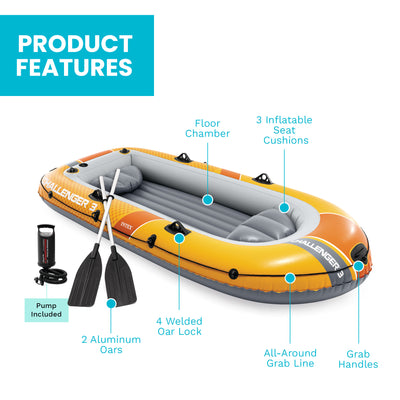 INTEX Challenger 3 Inflatable Boat Set w/ 54" Oars, Pump, & Oar Locks (Open Box) - VMInnovations