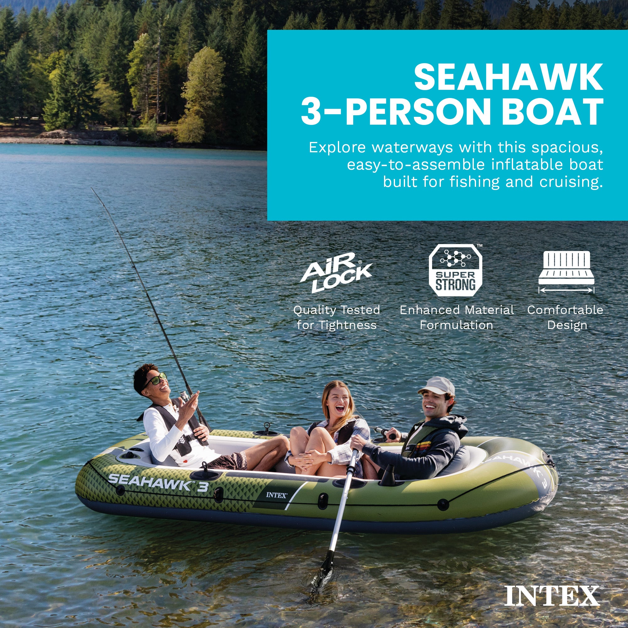 INTEX 66333EP Seahawk 3 Boat Set with Oars, Pump, & Rod Holders (Open Box)