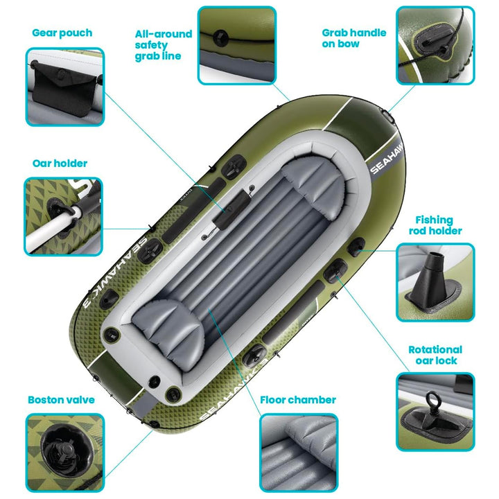 INTEX Seahawk 3 Inflatable Boat Set with 54" Oars, Pump, & Rod Holders (Used)