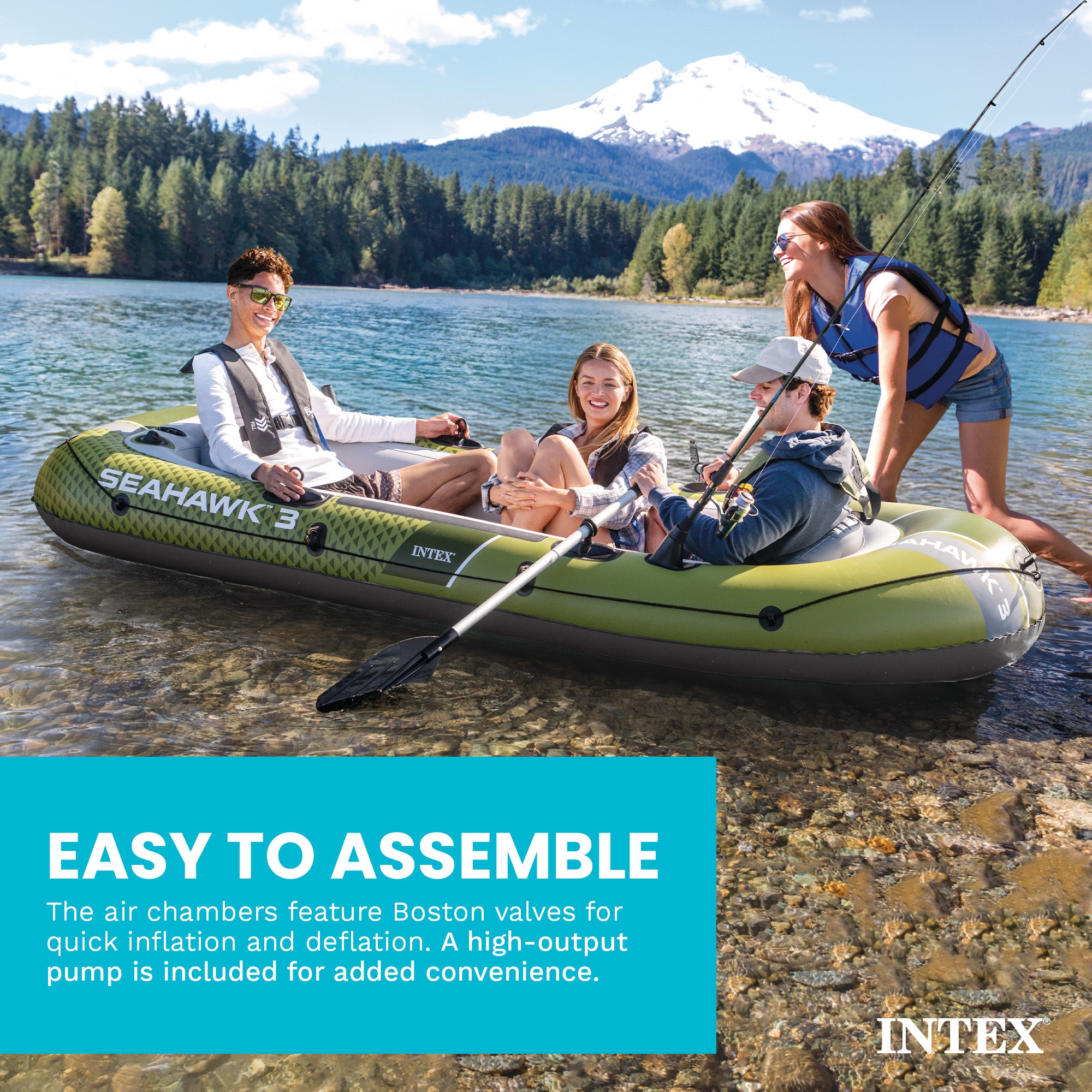 INTEX 66333EP Seahawk 3 Inflatable Boat Set with 54" Oars, Pump, & Rod Holders - VMInnovations