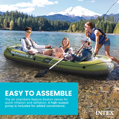 INTEX 66333EP Seahawk 3 Inflatable Boat Set with 54" Oars, Pump, & Rod Holders - VMInnovations