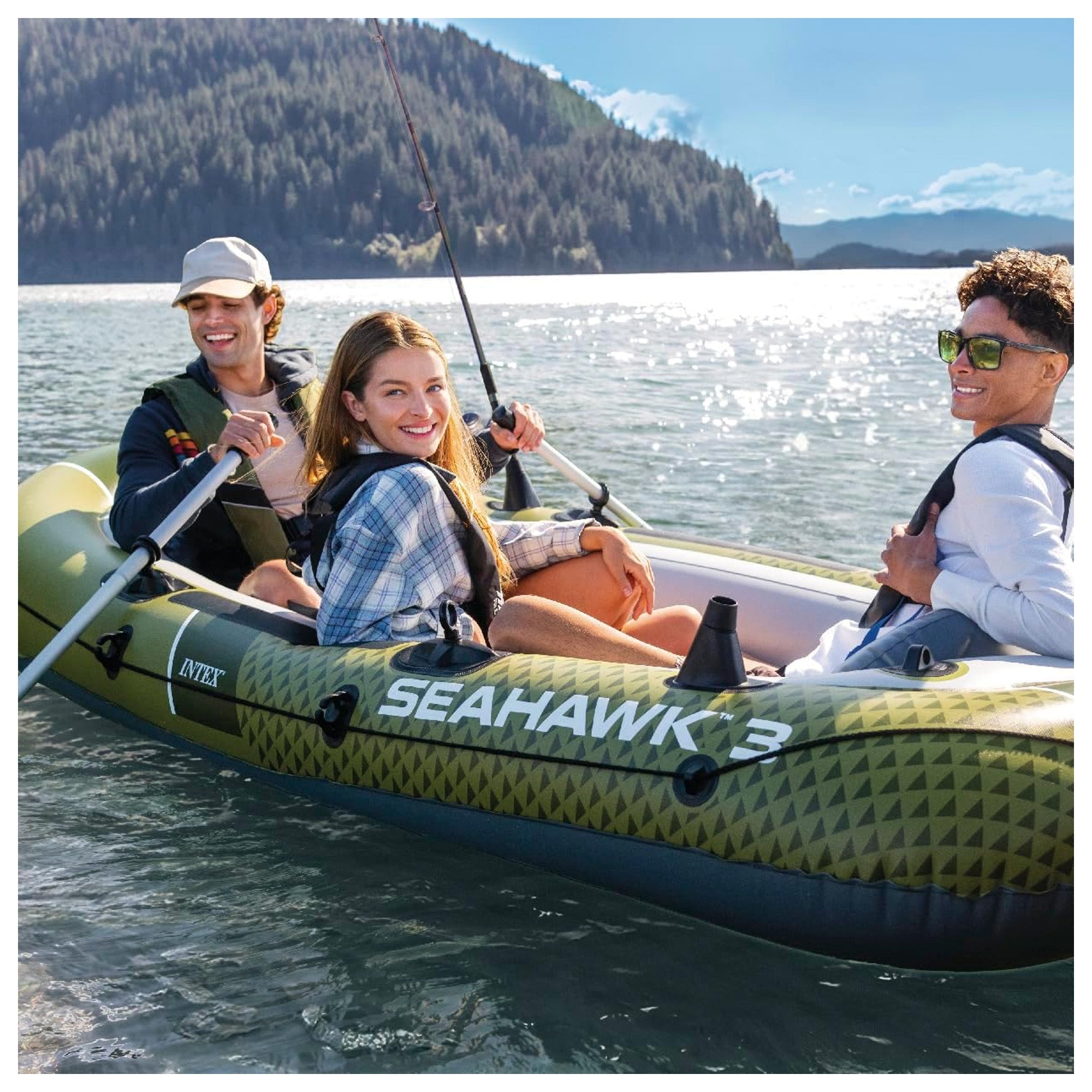 INTEX Seahawk 3 Inflatable Boat Set with 54" Oars, Pump, & Rod Holders (Used) - VMInnovations
