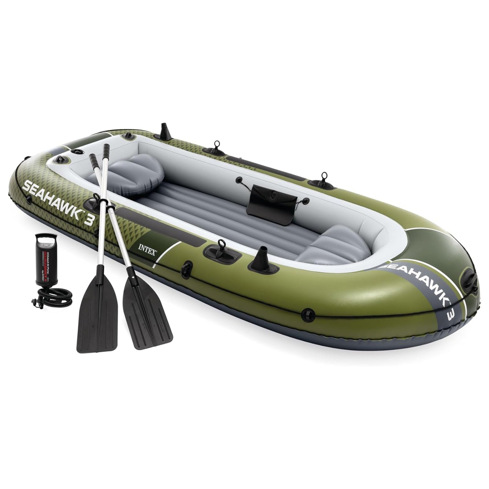 INTEX 66333EP Seahawk 3 Inflatable Boat Set with 54" Oars, Pump, & Rod Holders - VMInnovations