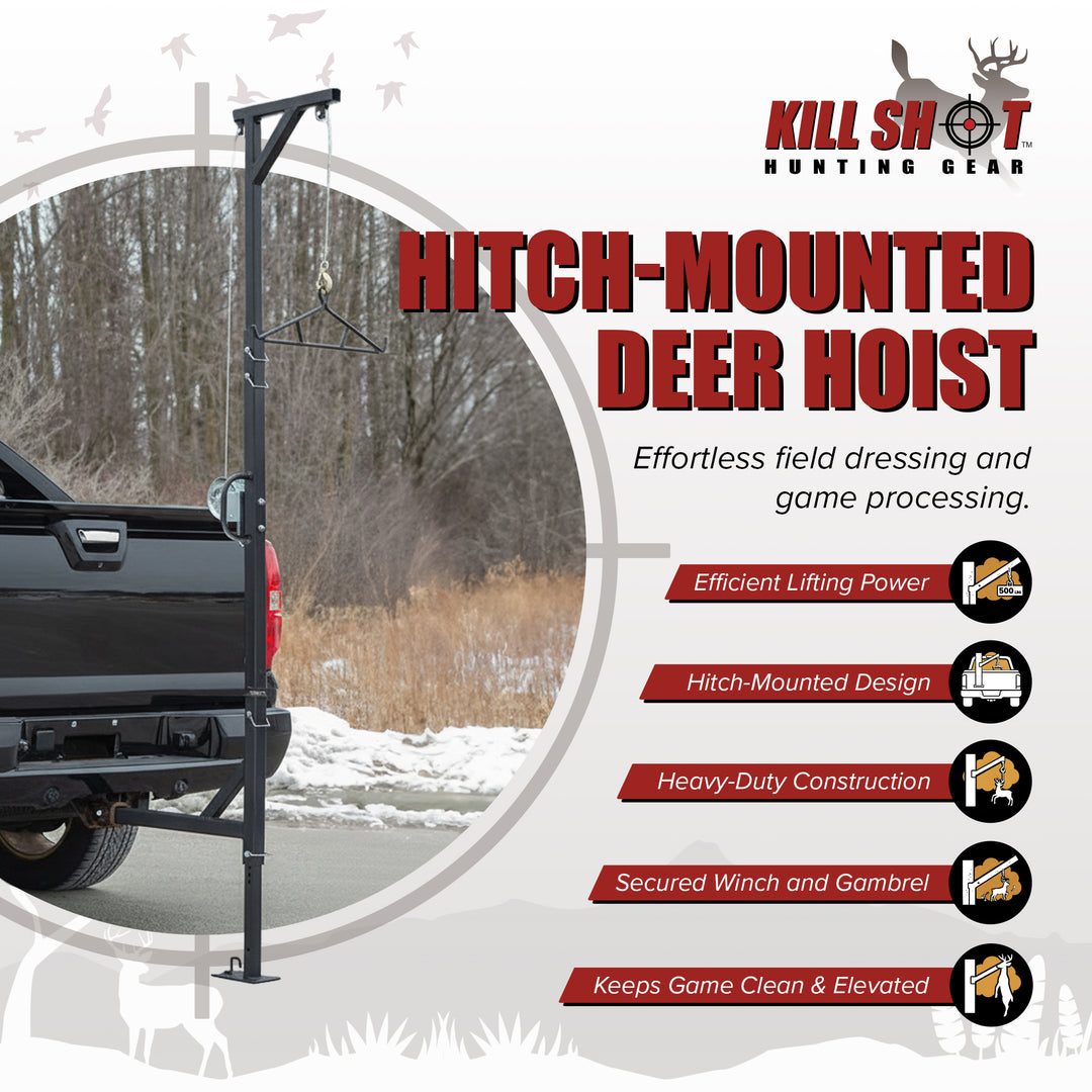 Kill Shot Hitch Mounted Steel Deer Hoist with Swivel, 500 Pound Capacity, Black