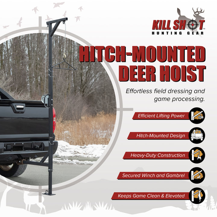 Kill Shot Hitch Mounted Steel Deer Hoist with Swivel, 500 Pound Capacity, Black