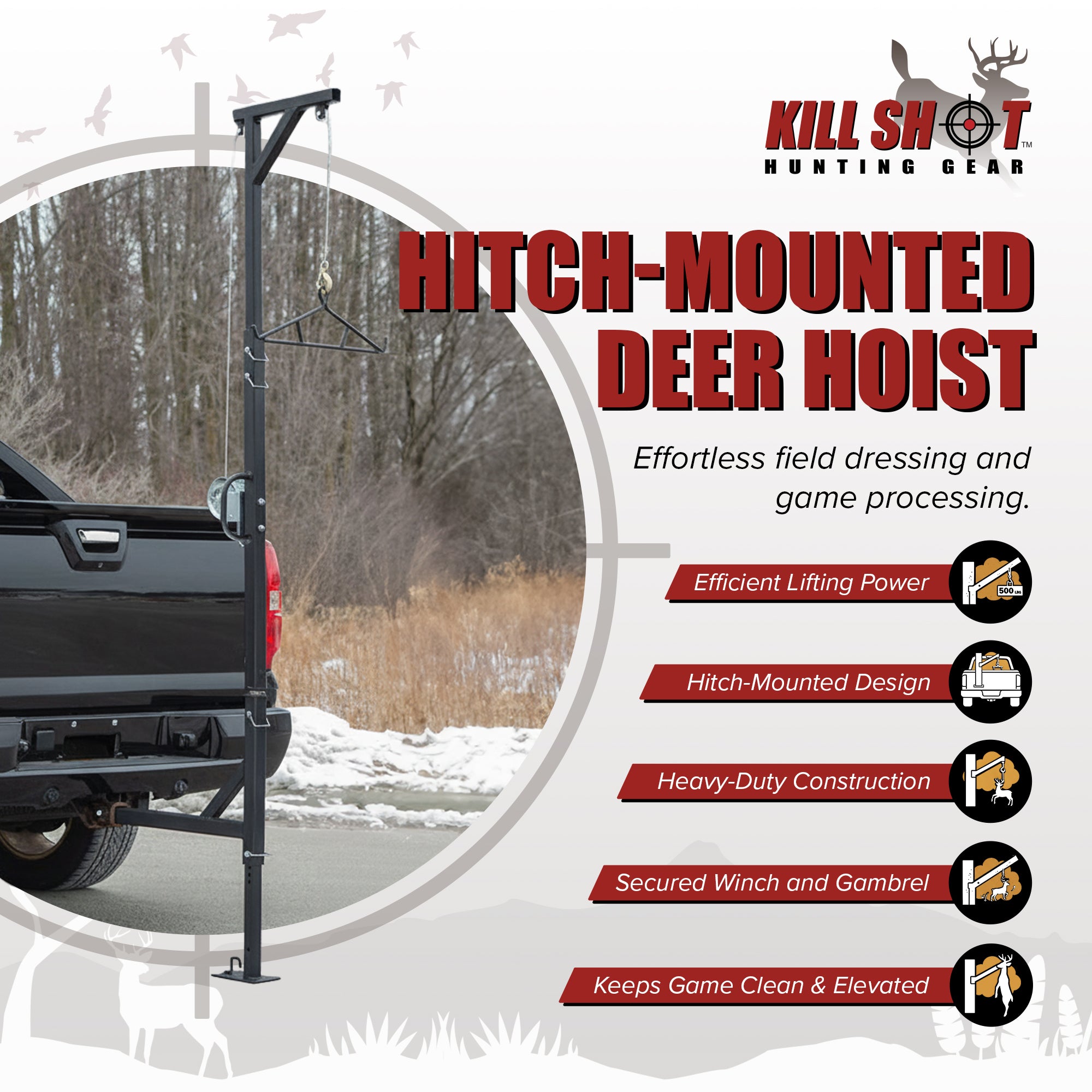 Kill Shot Hitch Mounted Steel Deer Hoist with Swivel, 500 Pound Capacity, Black (Used)