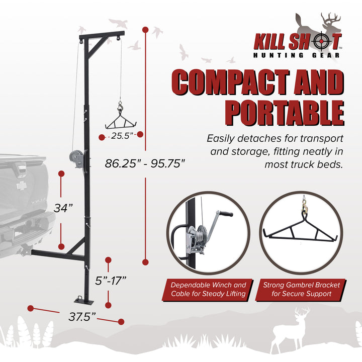Kill Shot Hitch Mounted Steel Deer Hoist with Swivel, 500 Pound Capacity, Black