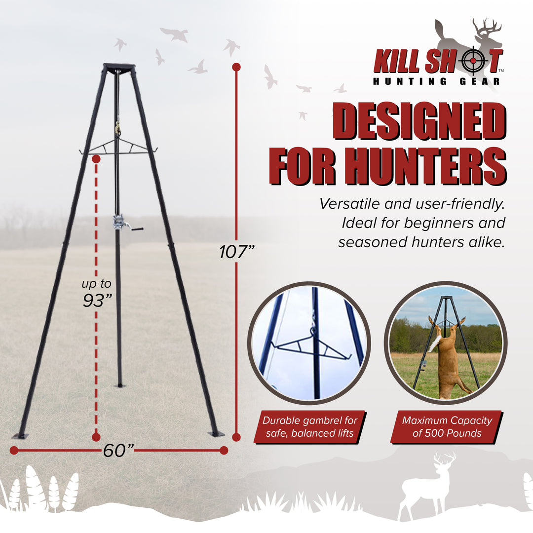 Kill Shot 9' Steel Tripod Game Hoist with Gambrel and 500 Pound Capacity, Black