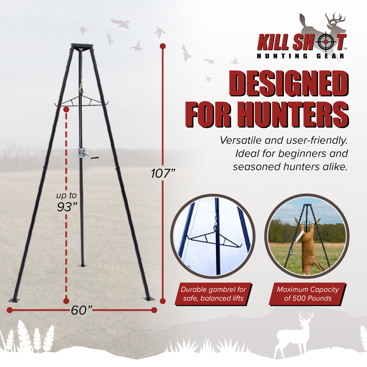 Kill Shot 9' Steel Tripod Game Hoist w/Gambrel & 500lb Capacity, Black(Open Box) - VMInnovations