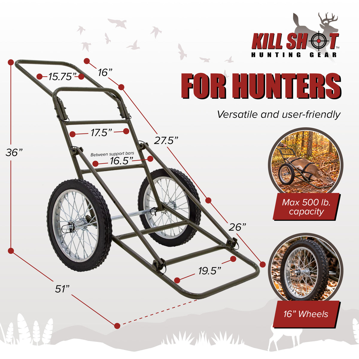 Kill Shot Deer Hunting Cart, Folding Utility Dolly w/500lb Capacity (Open Box) - VMInnovations