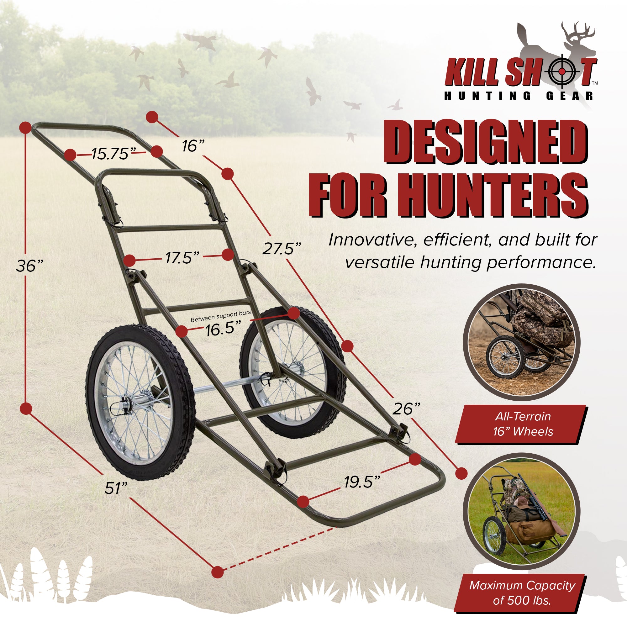 Kill Shot Deer Hunting Cart, Folding Utility Dolly w/500lb Capacity (Open Box) - VMInnovations