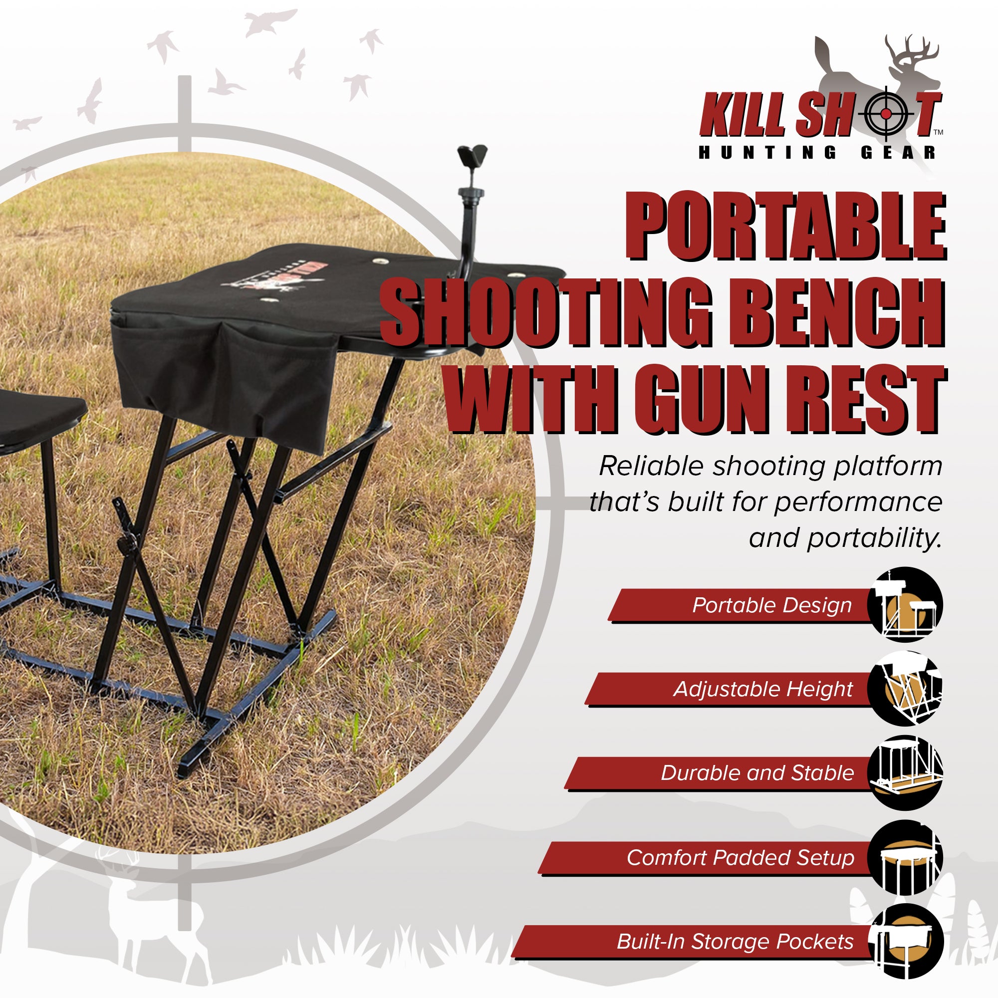 Kill Shot Shooting Bench w/Gun Rest, Collapses for Easy Transport (Open Box) - VMInnovations