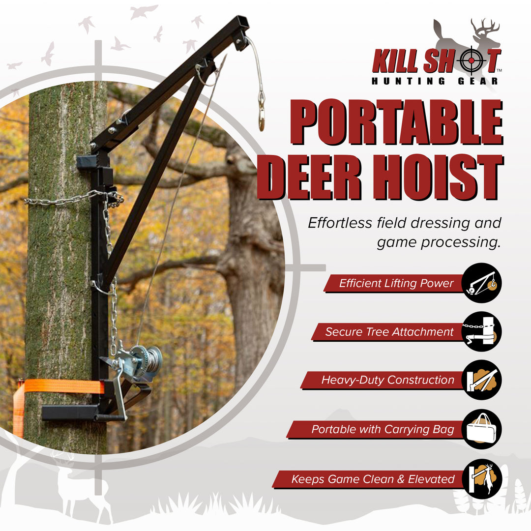 Kill Shot Portable Tree Mount Deer Hoist, Steel Crank & Chain, Carry Bag, Black