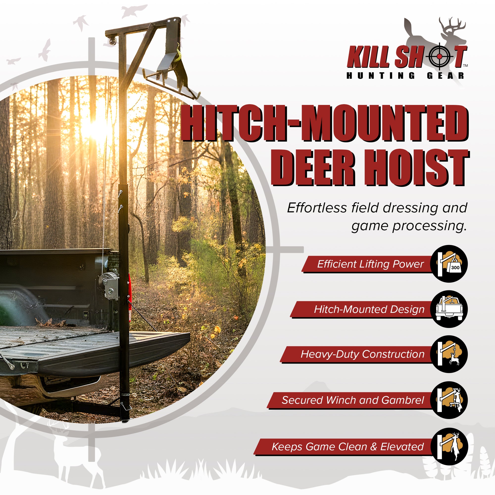 Kill Shot Hitch Mounted Steel Deer Hoist with Gambrel, 300 Pound Capacity, Black - VMInnovations