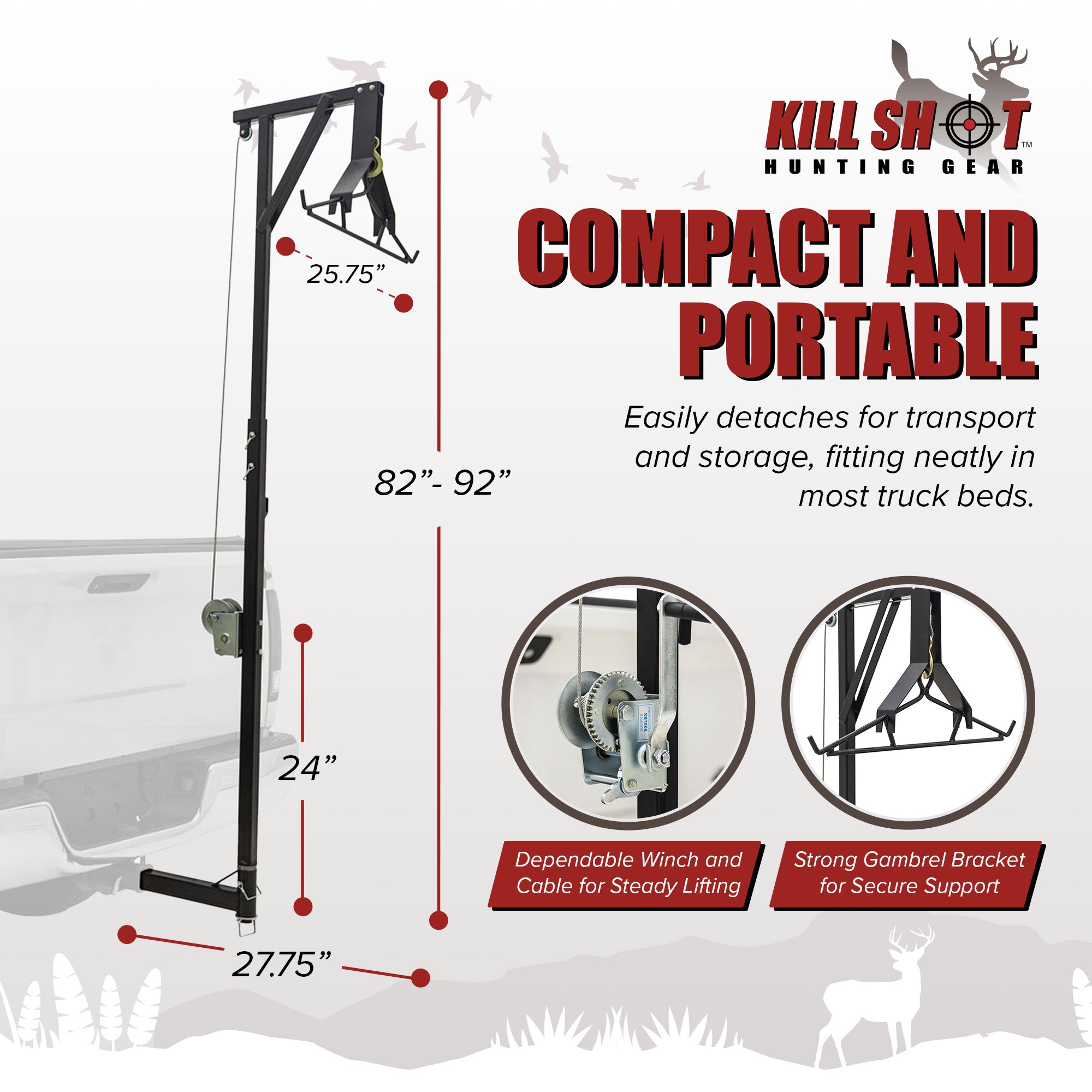 Kill Shot Hitch Mounted Steel Deer Hoist with Gambrel, 300 Pound Capacity, Black - VMInnovations