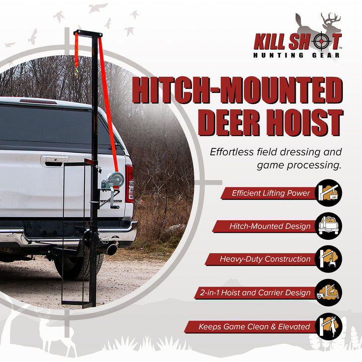 Kill Shot Hitch Mounted Steel Deer Hoist with Carrier, 600 Pound Capacity, Black