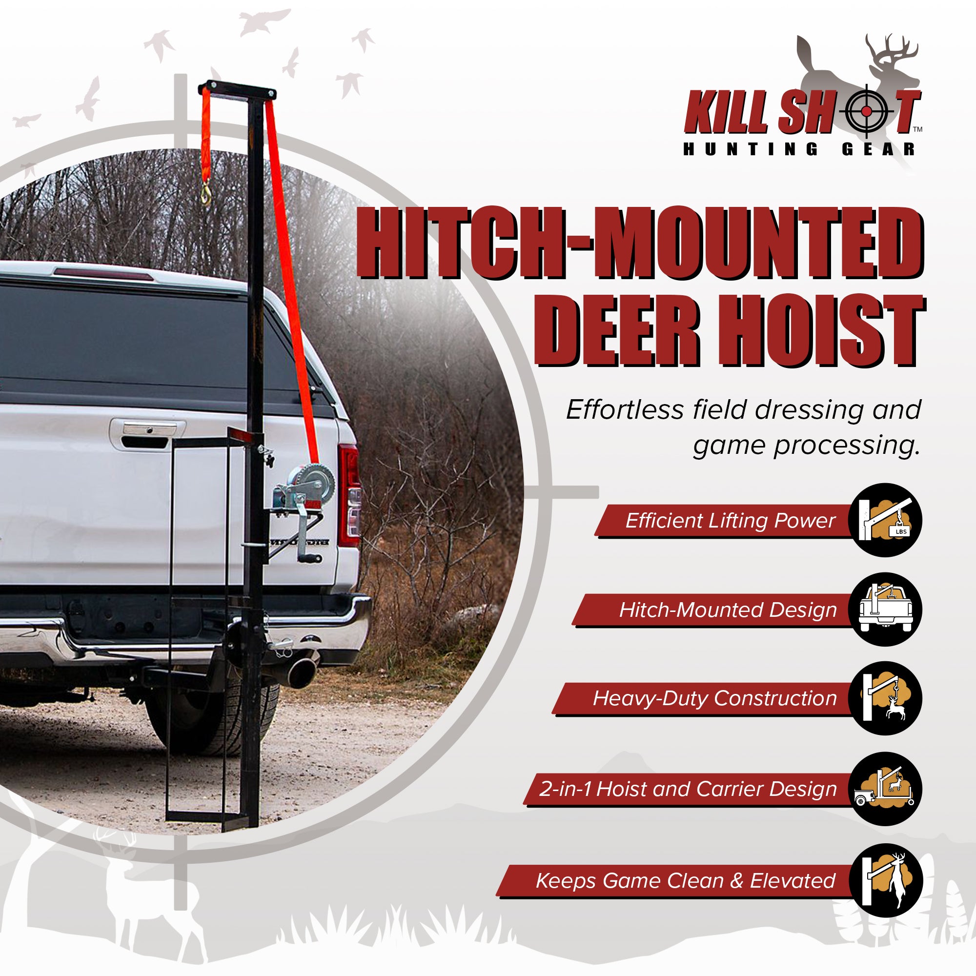 Kill Shot Hitch Mounted Steel Deer Hoist with Carrier, 600 LBS Cap, Black (Used)
