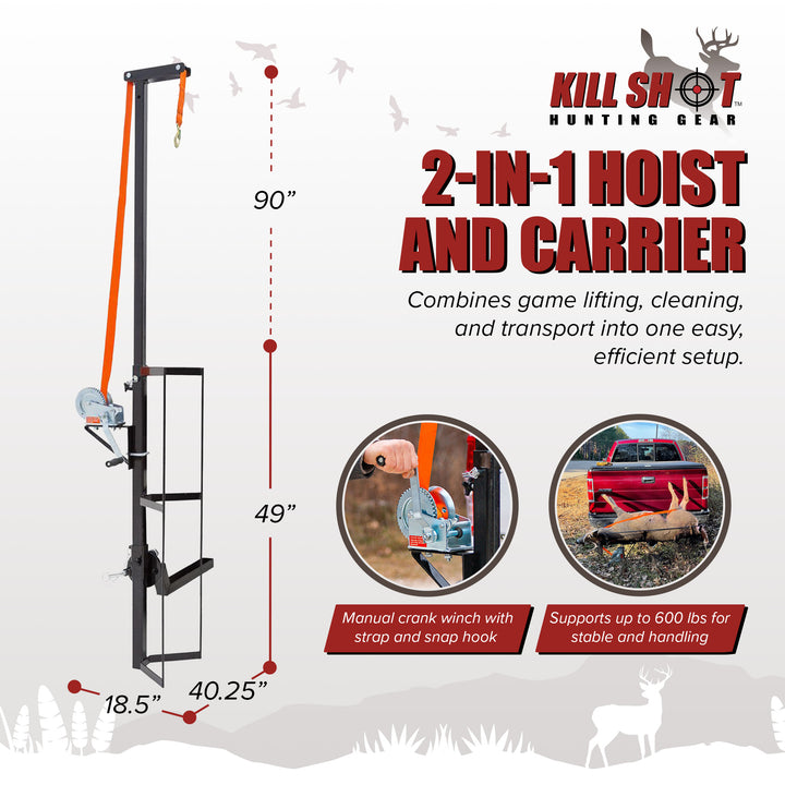 Kill Shot Hitch Mounted Steel Deer Hoist with Carrier, 600 Pound Capacity, Black