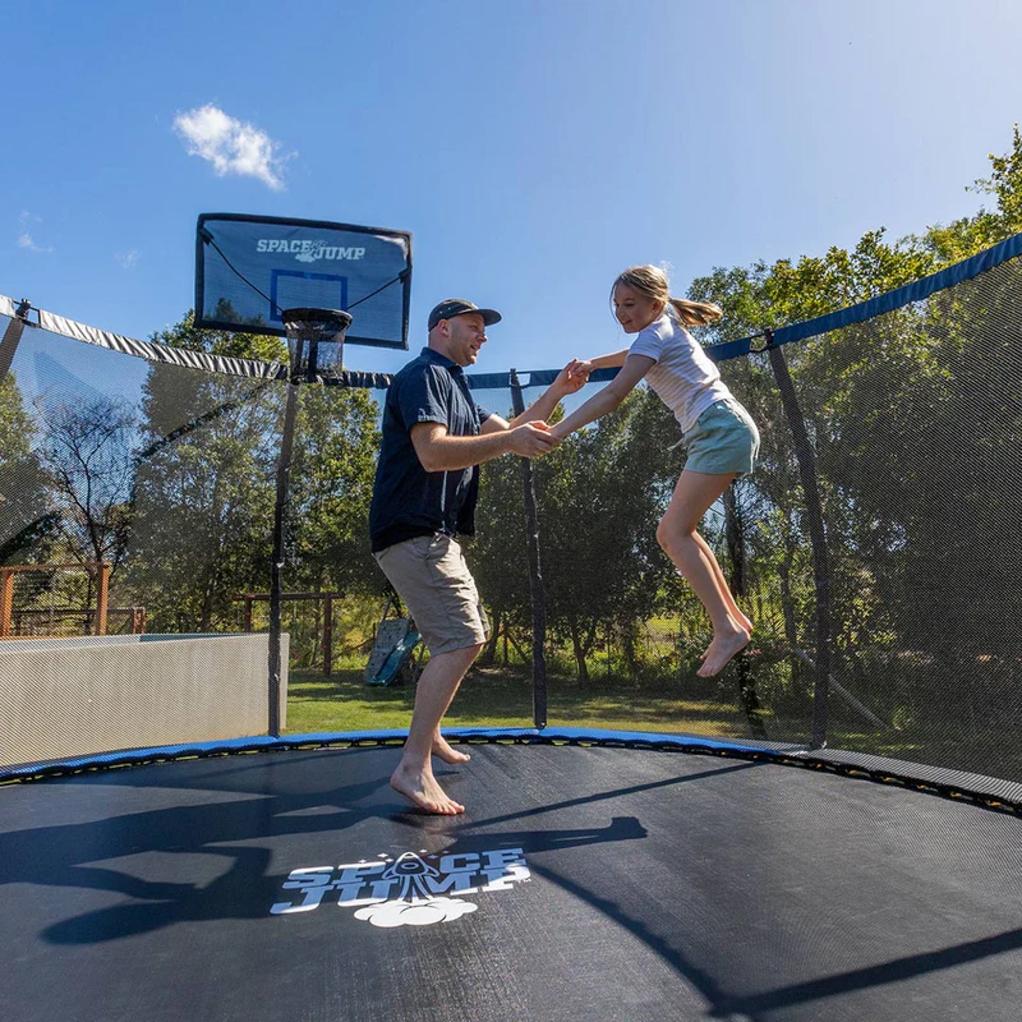 SpaceJump Astro 12' Round Outdoor Trampoline w/ AstroJam Basketball Hoop, Black