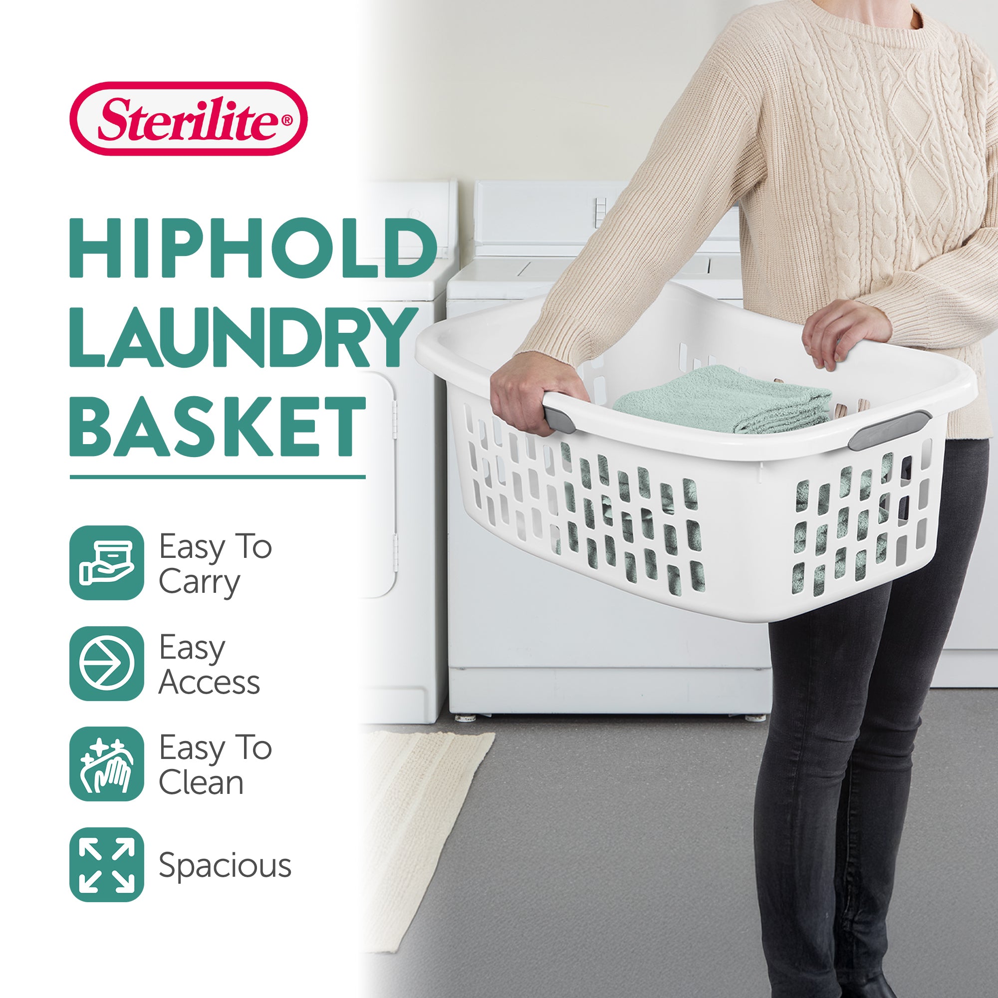 Sterilite HipHold Laundry Basket, 1.5 Bushel Plastic Hamper, White, 18 Pack