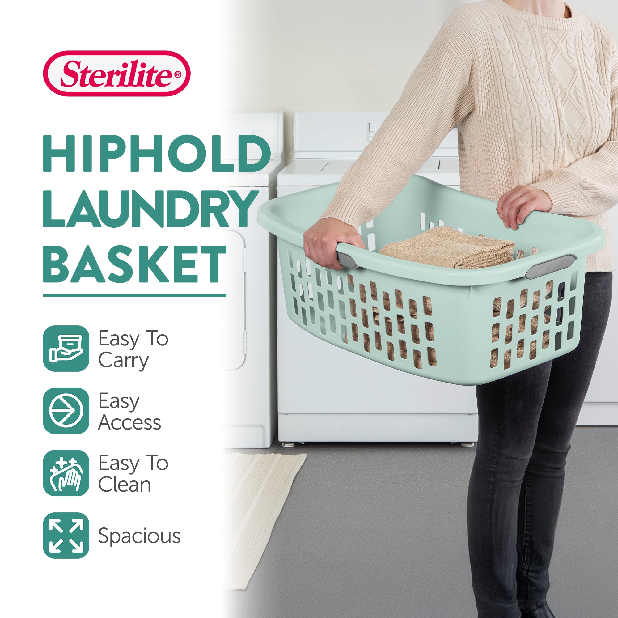 Sterilite HipHold Laundry Basket, 1.5 Bushel Plastic Clothes Hamper, Mint, 24 Pk