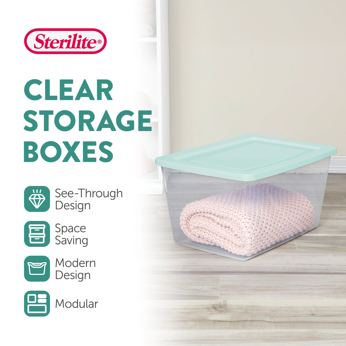 Sterilite 58Qt Storage Boxes, Clear Plastic Containers with Lid, Set of 24, Mint