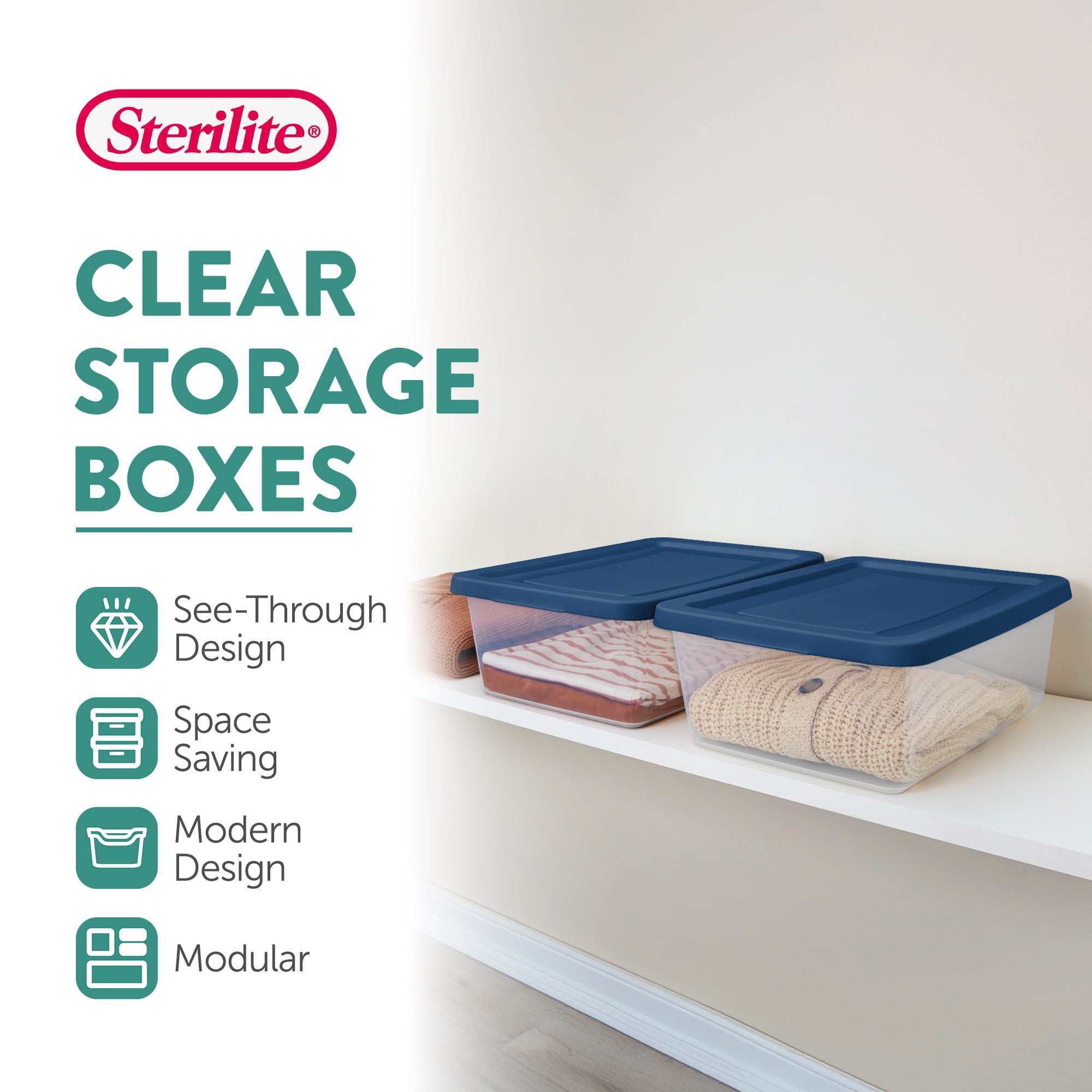 Sterilite 12Qt Storage Boxes Clear Plastic Containers with Lid, Set of 24, Blue
