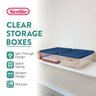 Sterilite 12Qt Storage Boxes Clear Plastic Containers with Lid, Set of 24, Blue