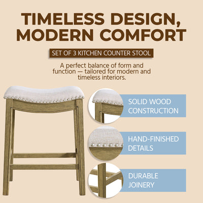 ROME + OAK Parker Backless Counter Stool, Natural with Cream Fabric, Set of 3