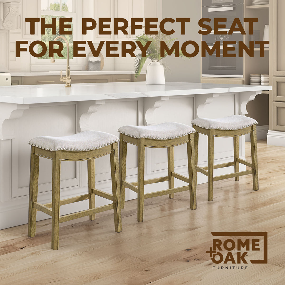 ROME + OAK Parker Backless Counter Stool, Natural with Cream Fabric, Set of 3