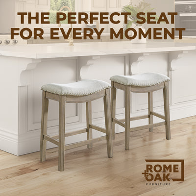 ROME + OAK Parker Backless Kitchen Counter Stool, Oak, Grey Upholstery, Set of 2