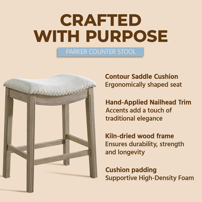 ROME + OAK Parker Backless Kitchen Counter Stool, Oak, Grey Upholstery, Set of 3