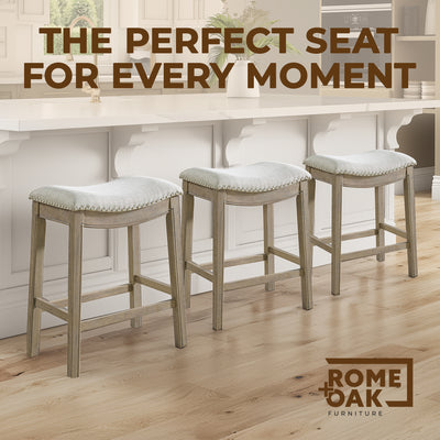 ROME + OAK Parker Backless Kitchen Counter Stool, Oak, Grey Upholstery, Set of 3