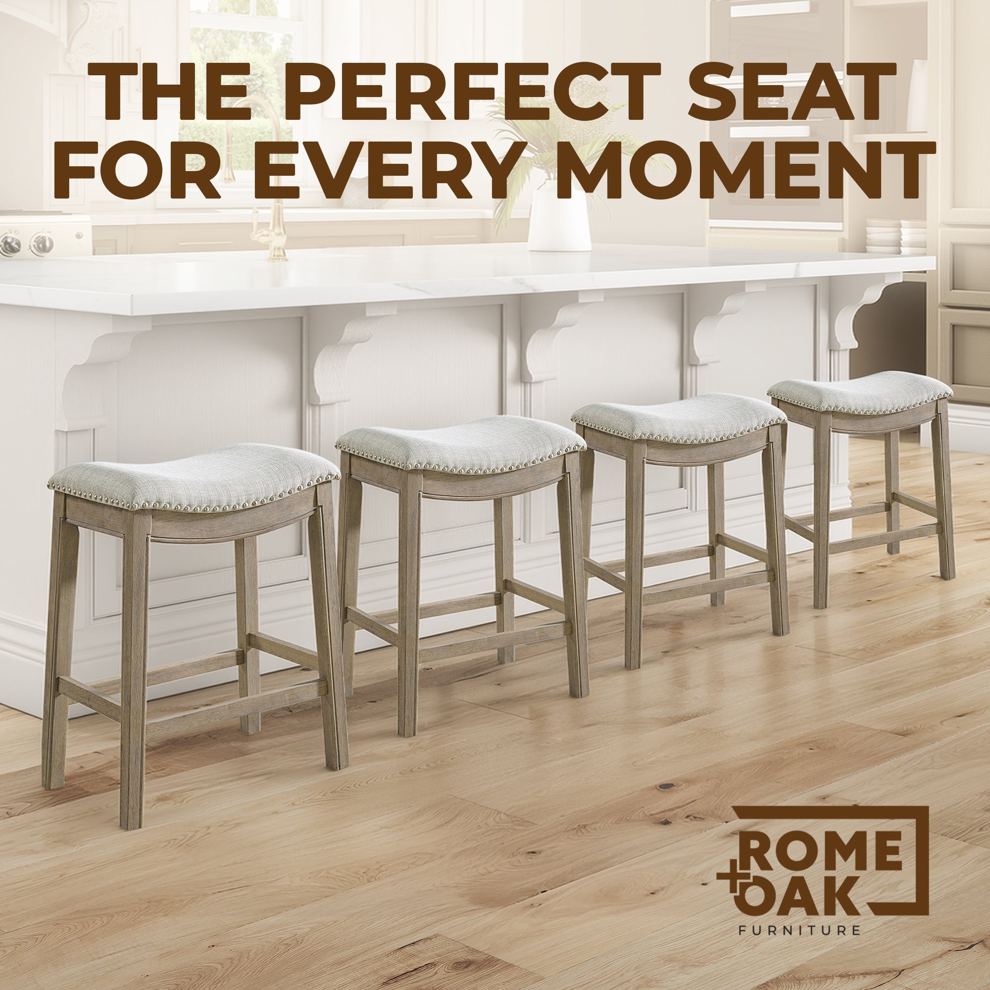 ROME + OAK Parker Backless Kitchen Counter Stool, Oak, Grey Upholstery, Set of 4 - VMInnovations