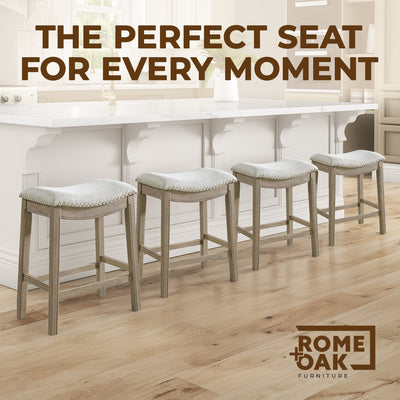 ROME + OAK Parker Backless Kitchen Counter Stool, Oak, Grey Upholstery, Set of 4 - VMInnovations