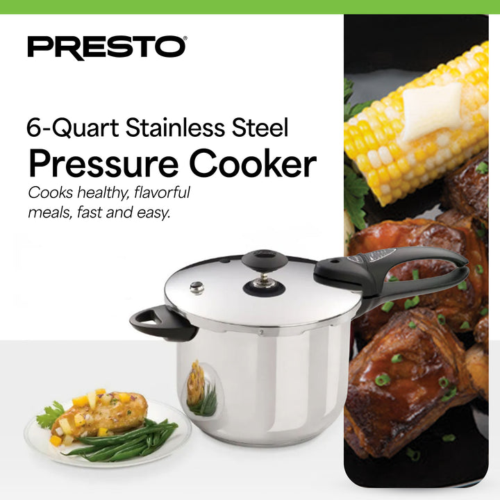Presto 6 Quart Stainless Steel Pressure Cooker, Dishwasher Safe, Tri Clad Base