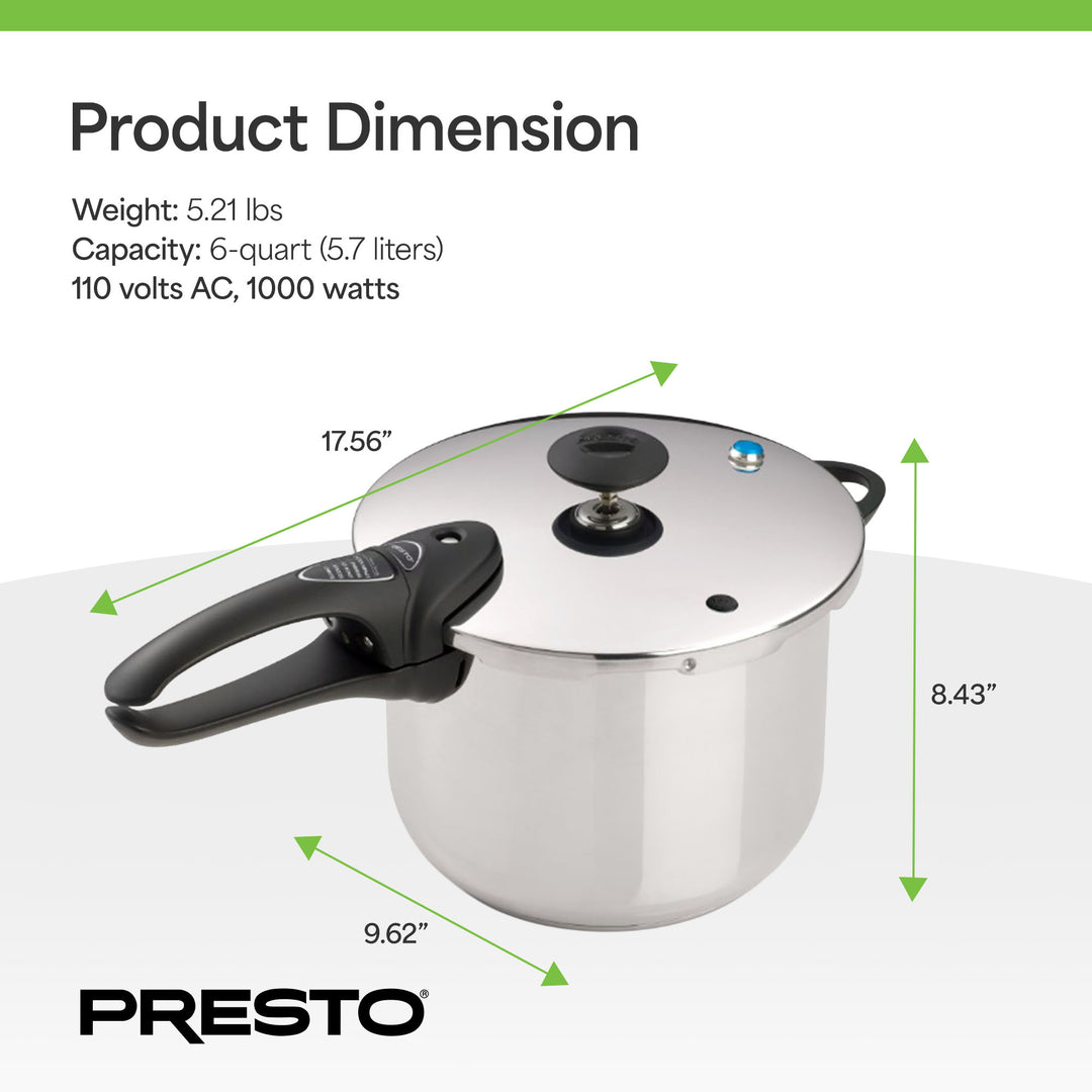 Presto 6 Quart Stainless Steel Pressure Cooker, Dishwasher Safe (Open Box)