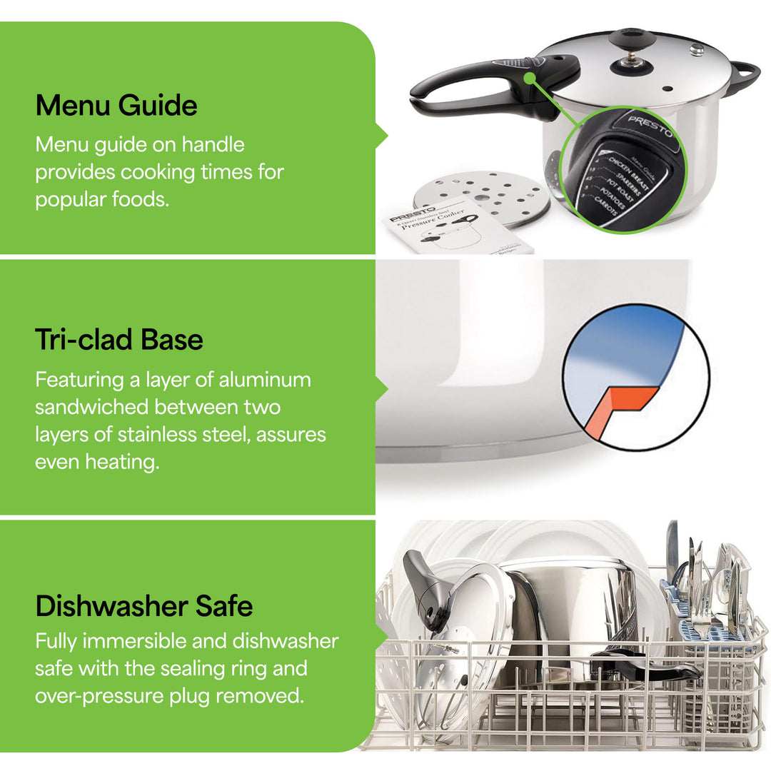 Presto 6 Quart Stainless Steel Pressure Cooker, Dishwasher Safe (Open Box)