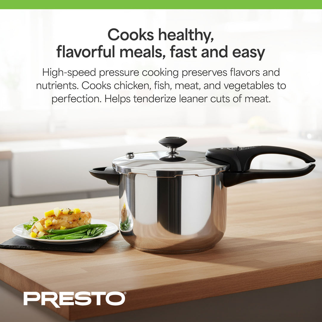 Presto 6 Quart Stainless Steel Pressure Cooker, Dishwasher Safe, Tri Clad Base