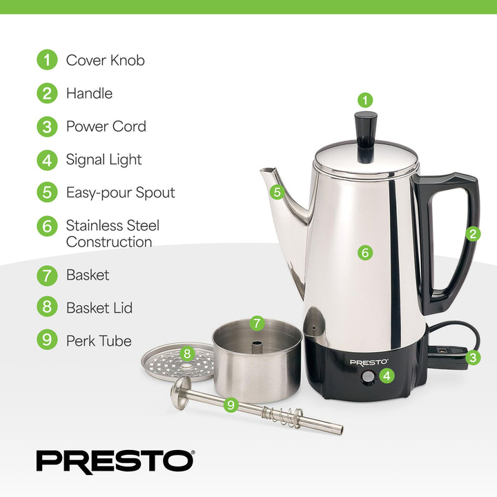 Presto Stainless Steel Coffee Maker, Classic Percolator, Easy Pour (Open Box)