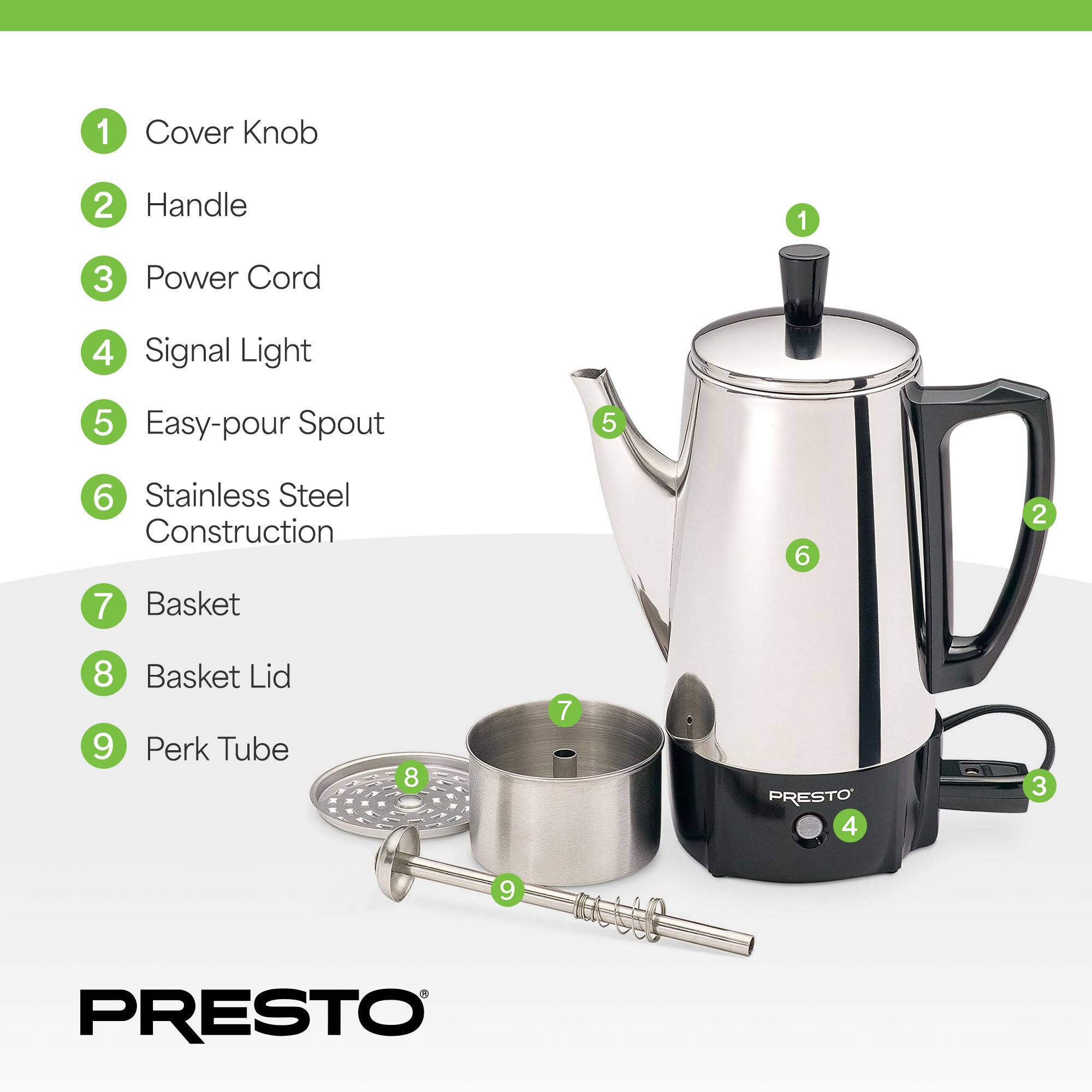 Presto Stainless Steel Coffee Maker, Classic Percolator, Easy Pour (Open Box) - VMInnovations